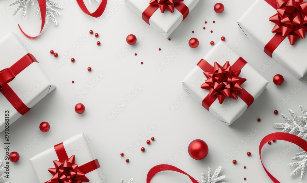 Christmas gift boxes wrapped in color gift paper and decorated with ribbons and several small Christmas decorations on a white background. Christmas gift boxes wrapped in color gift paper and decorated with ribbons and several small Christmas decorations on a white background.