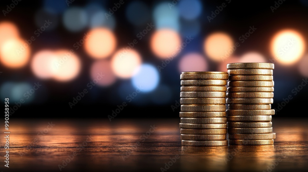 Stacks of coins glimmer against a bokeh background, symbolizing wealth, investment, and financial growth in a modern economy. Stacks of coins glimmer against a bokeh background, symbolizing wealth, investment, and financial growth in a modern economy.
