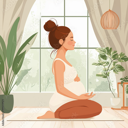A pregnant woman doing yoga at home, relaxed flat style, minimalistic lines, soft pastel tones
