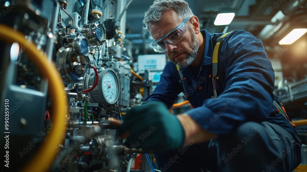 Ultra-realistic image of a 40-year-old engineer in a superyacht engine room, wearing a blue work shirt and safety glasses, surrounded by advanced machinery and complex control panels. Ultra-realistic image of a 40-year-old engineer in a superyacht engine room, wearing a blue work shirt and safety glasses, surrounded by advanced machinery and complex control panels.