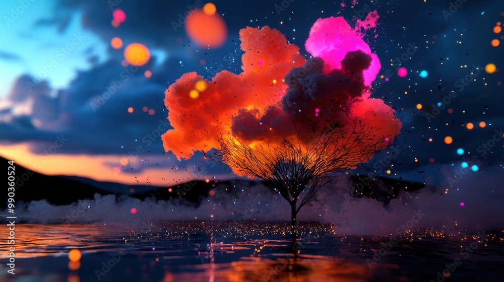 Bright neon-colored clouds floating high over a fantasy landscape with towering glowing trees and a shimmering river cutting through the landscape, 