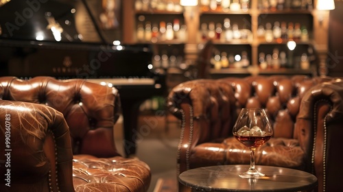 Sophisticated Brandy Lounge with Leather Armchairs Piano and Soft Jazz