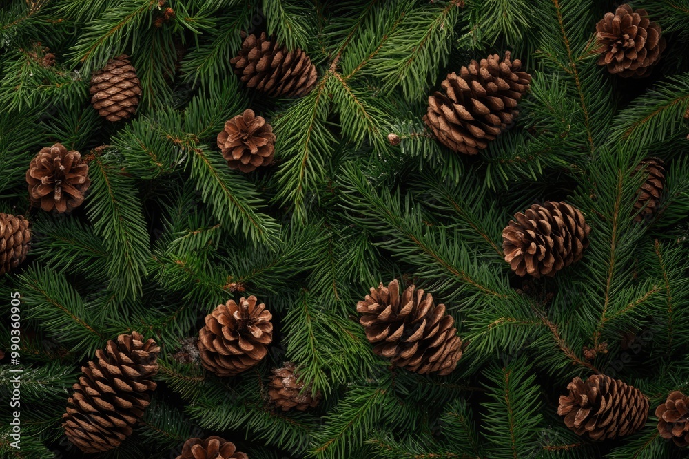 Overhead view of spruce and thuja branches with cones. Overhead view of spruce and thuja branches with cones.