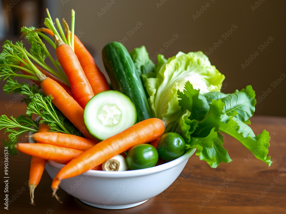 Fresh vegetables in a white bowl on a wooden table. Selective focus. Fresh vegetables in a white bowl on a wooden table. Selective focus.