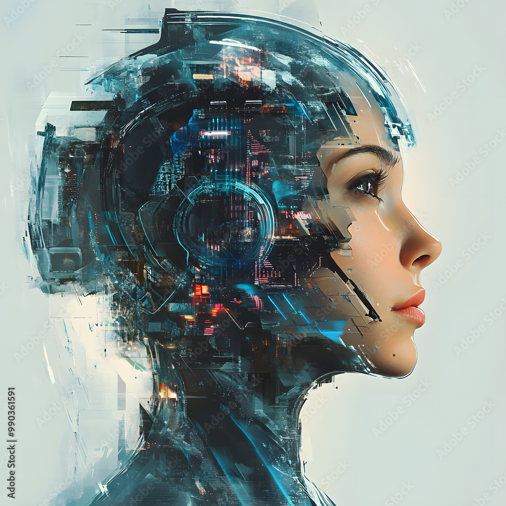 AIテクノロジーの未来 - デジタル化された人間の顔のクローズアップ AIテクノロジーの未来 - デジタル化された人間の顔のクローズアップ
