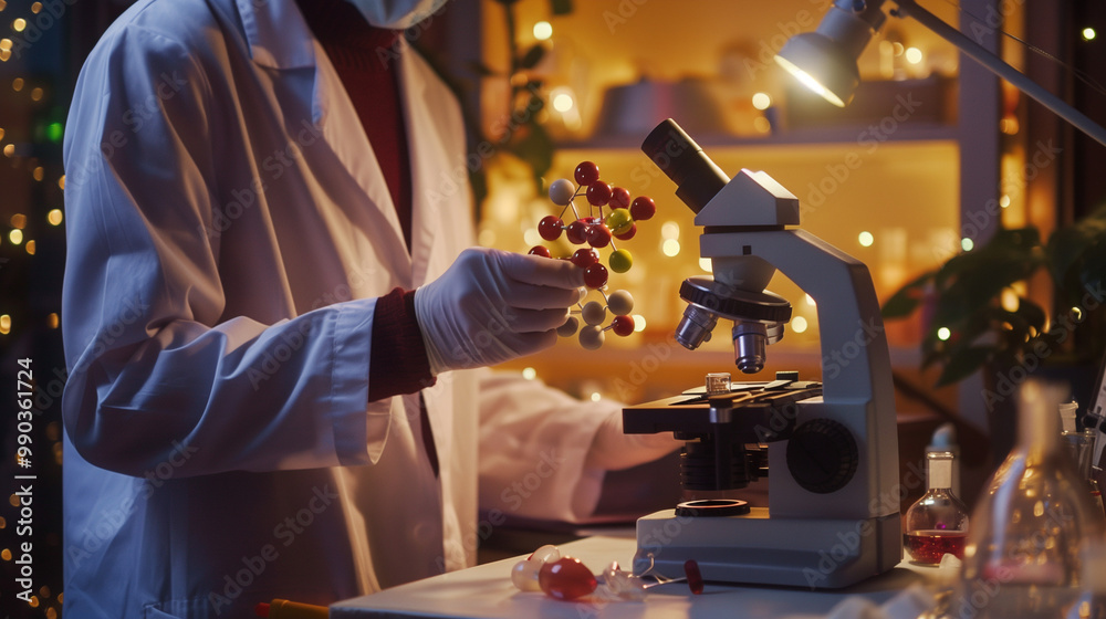 Scientist in lab coat holding molecular model of serotonin receptor, with microscope and scientific instruments, highlighting the significance of neuroscience research. Scientist in lab coat holding molecular model of serotonin receptor, with microscope and scientific instruments, highlighting the significance of neuroscience research.