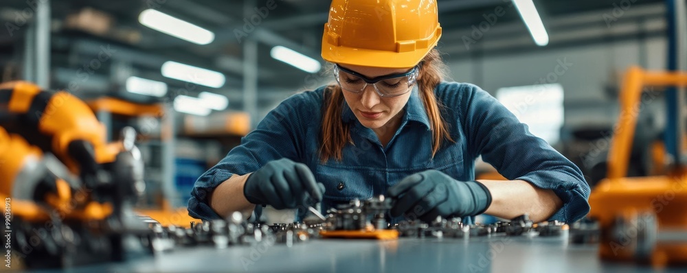 Female mechanic tightening bolts on a disassembled motorcycle engine