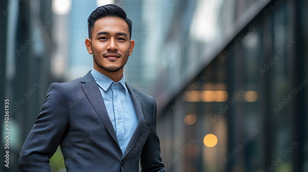 A portrait of a handsome young businessman, smiling and standing with arms crossed against an outdoor background, Generator AI. A portrait of a handsome young businessman, smiling and standing with arms crossed against an outdoor background, Generator AI.