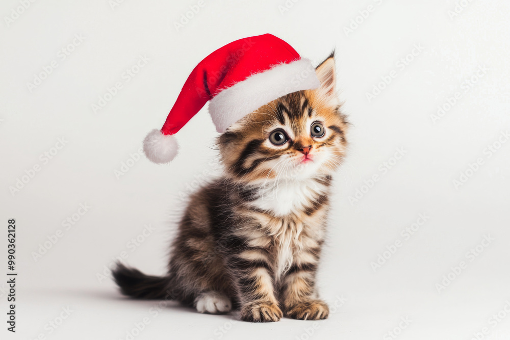 A cute kitten wearing a red Santa hat, embodying the festive spirit of Christmas.