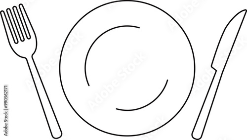 フォークとナイフと皿の線画イラスト