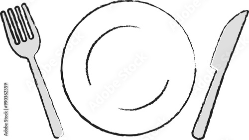 フォークとナイフと皿の手描き風の線画イラスト