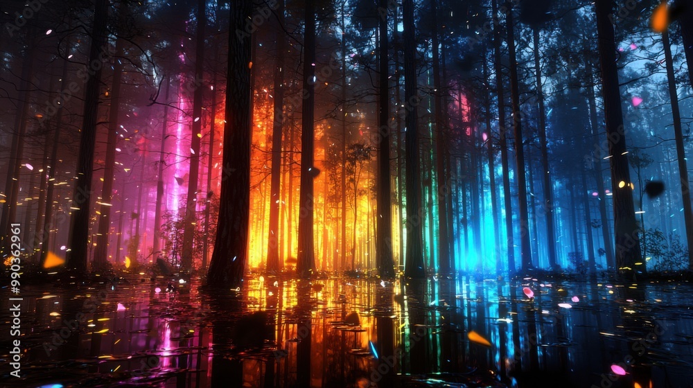 Obraz premium Enchanted Neon Forest: Surreal Woods with Glow in the Dark Trees and Dreamy Misty Landscape