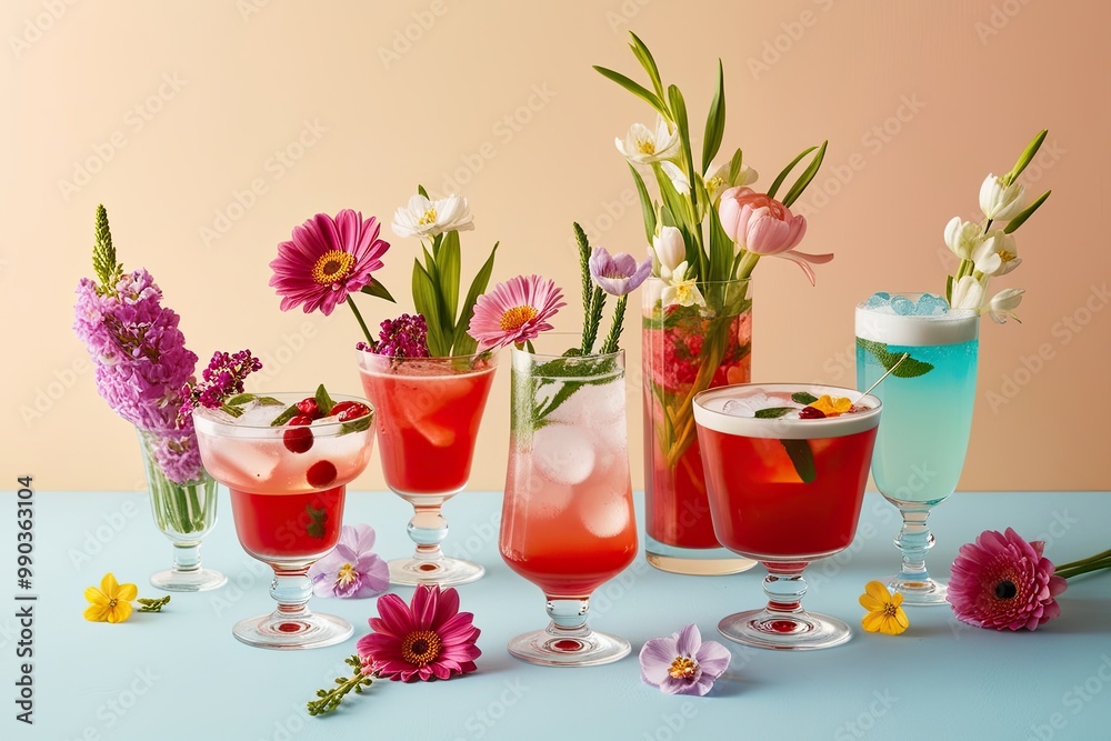 A Variety of Spring Floral Cocktails on a Pastel Background with Gentle Light A Variety of Spring Floral Cocktails on a Pastel Background with Gentle Light