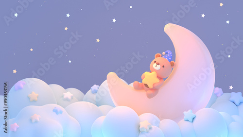 3D render kawaii baby bear lying on the moon.