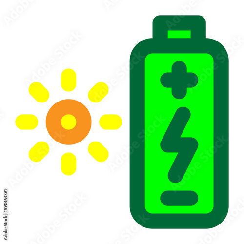 solar battery, solar energy, sustainable energy, renewable energy, sun, battery, lithium, rechargeable colored outline icon