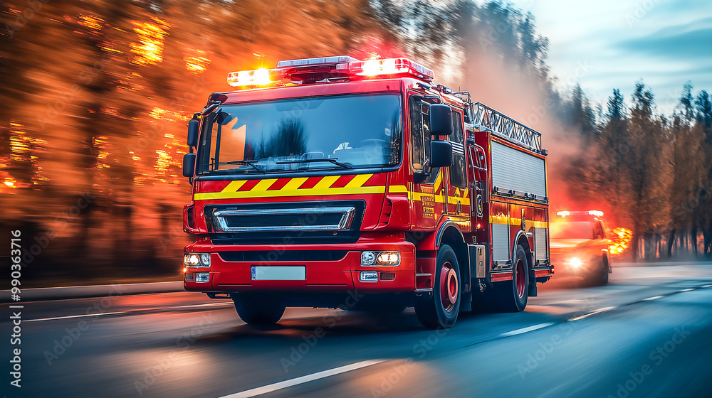 Fire truck on the road respond to emergency call . Fire truck on the road respond to emergency call .