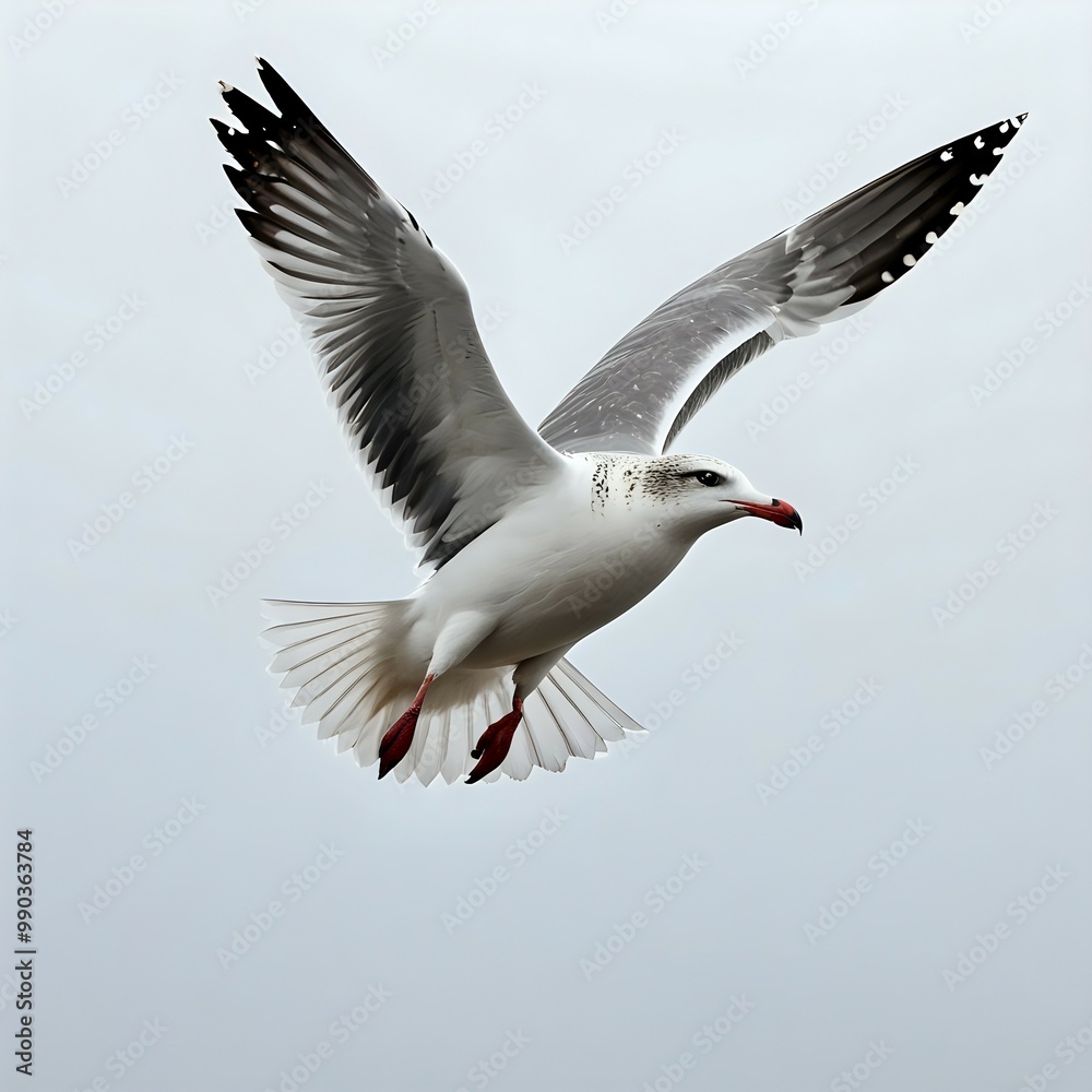 Obraz premium Graceful seagull soaring in the sky on a cloudy day with wings fully spread. 