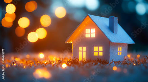 Cozy paper house on field with soft light and bokeh , happy family concept