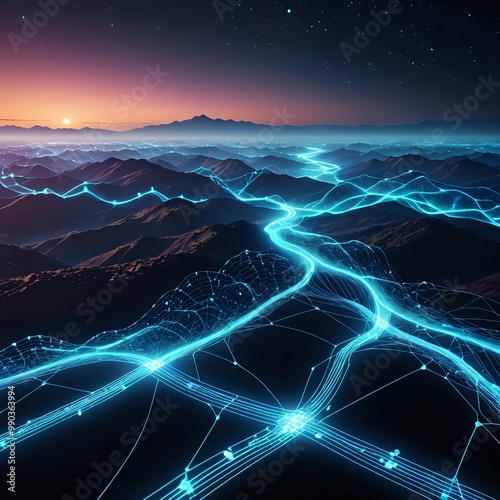 Futuristic digital landscape with neon blue gridlines over mountain range at sunset