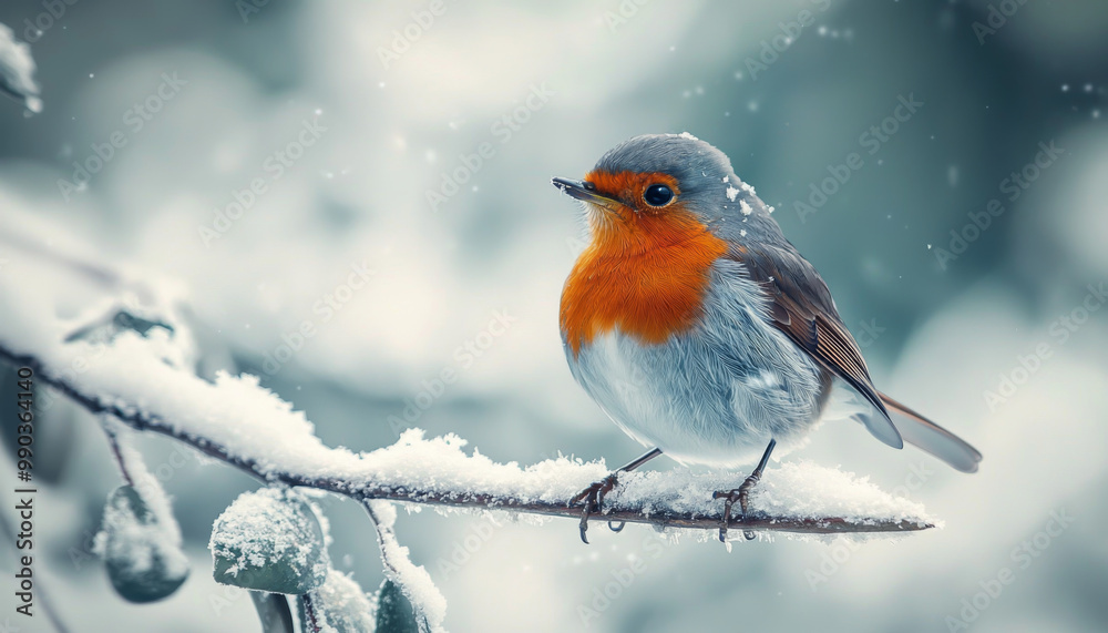 A charming robin perched on a snow-covered branch, surrounded by a tranquil winter landscape. A charming robin perched on a snow-covered branch, surrounded by a tranquil winter landscape.