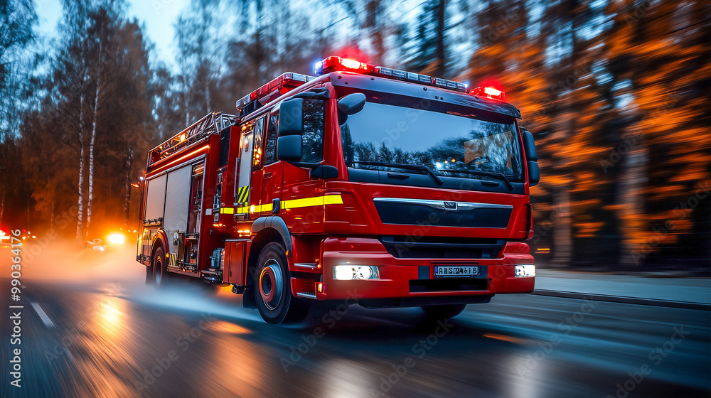Fire truck on the road respond to emergency call . Fire truck on the road respond to emergency call .