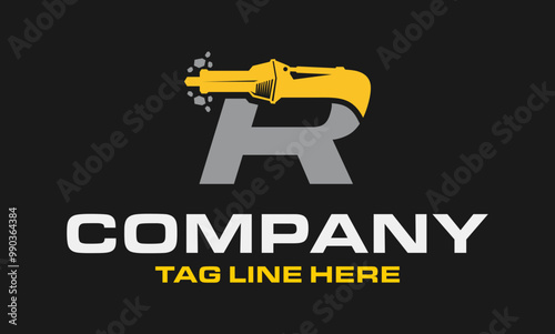 Initial Letter R Drill Logo, Stone Crusher Drill, Logo Design