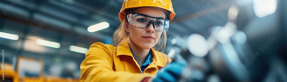 Female mechanic inspecting a diesel engine in an industrial workshop, worn-out tools and oil-stained floor adding grit, diesel engine repair, mechanic, gritty workshop Female mechanic inspecting a diesel engine in an industrial workshop, worn-out tools and oil-stained floor adding grit, diesel engine repair, mechanic, gritty workshop