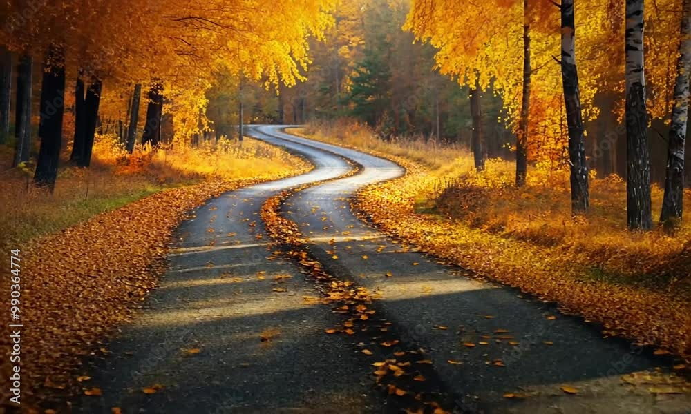 A winding road through a vibrant autumn forest with golden leaves. A winding road through a vibrant autumn forest with golden leaves.