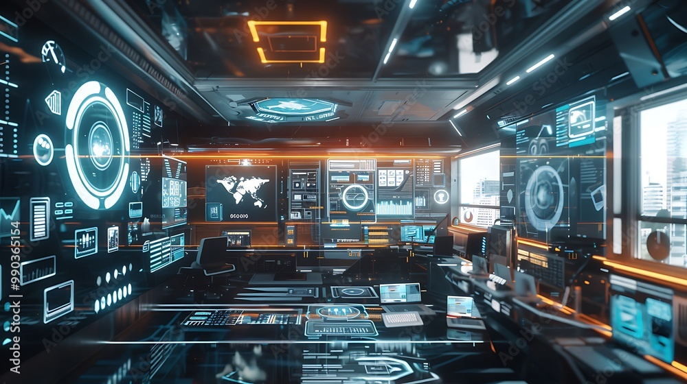 A futuristic office environment where AI-driven tools enhance business productivity. Concept Futuristic Technology, Business Productivity, Artificial Intelligence, Digital Tools. A futuristic office environment where AI-driven tools enhance business productivity. Concept Futuristic Technology, Business Productivity, Artificial Intelligence, Digital Tools.