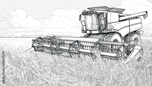 Combine Harvester in Wheat Field Coloring Book Page for Adults Detailed Harvester Illustration Harvesting Scene Fun Agricultural Drawing Farm Machinery Art Page