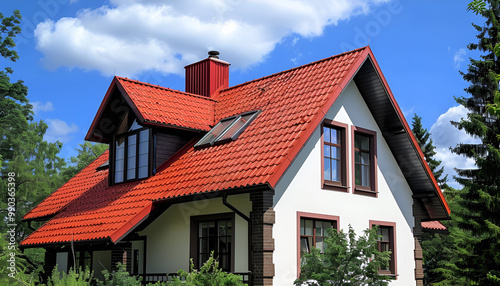 Wallpaper Mural Beautiful house with red roof against blue sky, low angle view Torontodigital.ca