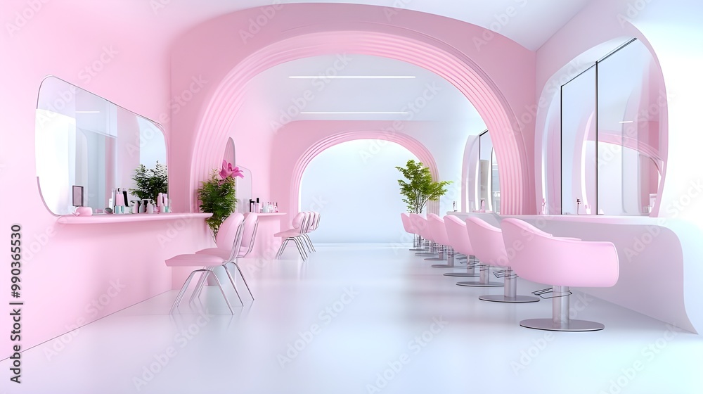 Pink cozy beauty salon with chairs in row and mirror, panoramic window Pink cozy beauty salon with chairs in row and mirror, panoramic window