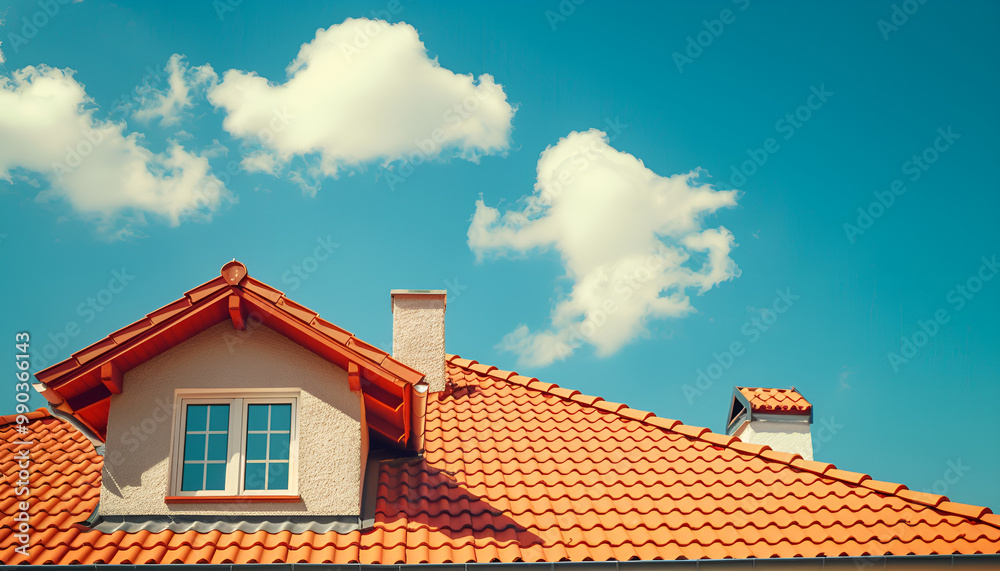 Beautiful house with red roof against blue sky, low angle view Beautiful house with red roof against blue sky, low angle view