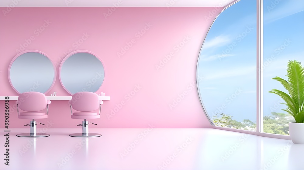 Pink cozy beauty salon with chairs in row and mirror, panoramic window Pink cozy beauty salon with chairs in row and mirror, panoramic window