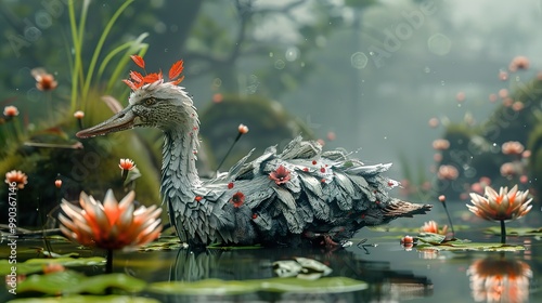 Wallpaper Mural A Mystical Bird Adorned with Flowers in a Tranquil Pond Torontodigital.ca