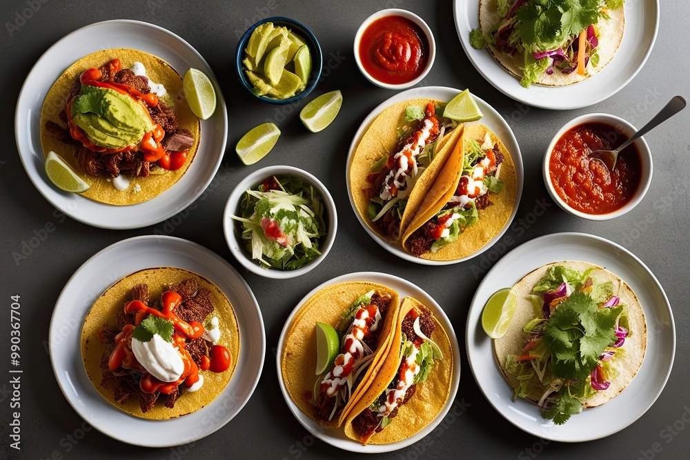 Aerial View of an Enticing Array of Mexican Tacos with Flavorful Sauces and Wholesome Sides Aerial View of an Enticing Array of Mexican Tacos with Flavorful Sauces and Wholesome Sides