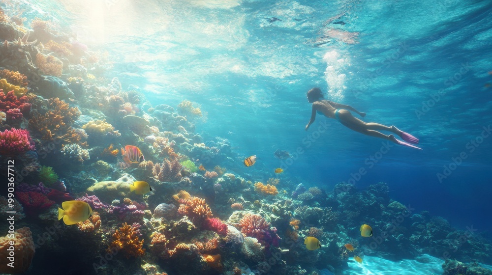 Obraz premium A fascinating underwater world, filled with colorful corals and exotic tropical fish. This beautiful view creates a stunning natural harmony, offering beauty and tranquility