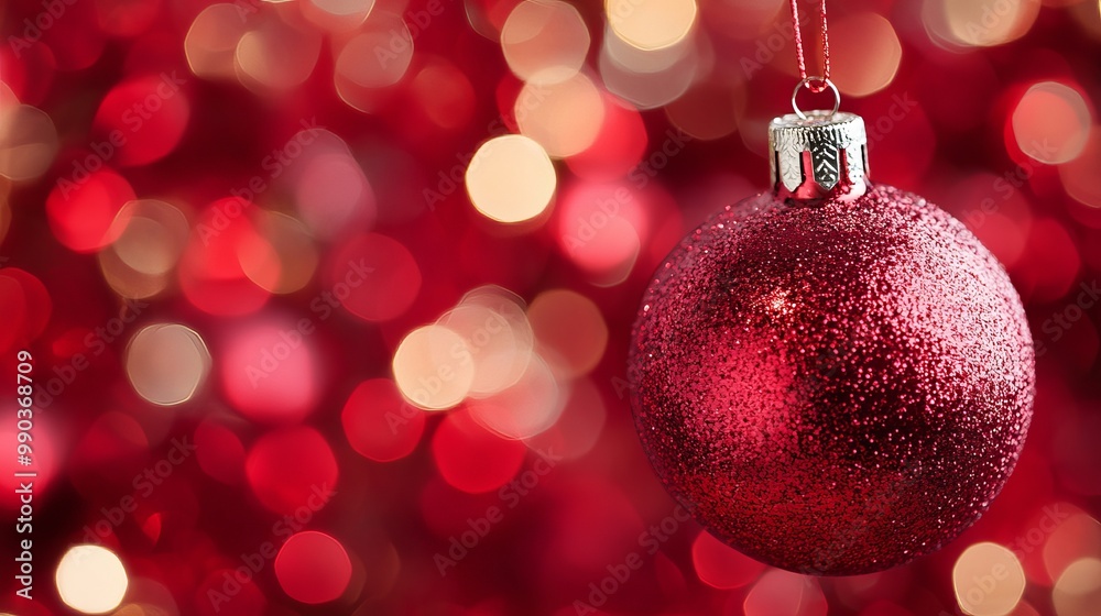 Shining red Christmas ornament hanging against a sparkling bokeh background Shining red Christmas ornament hanging against a sparkling bokeh background