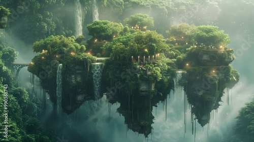 Enchanted Floating Islands with Cascading Waterfalls and Ethereal Bridges of Light