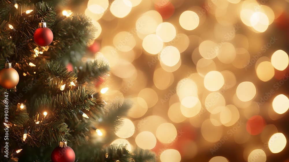 Christmas tree adorned with ornaments and lights in a festive setting Christmas tree adorned with ornaments and lights in a festive setting