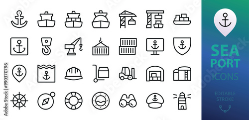 Sea port isolated icons. Set of container ship, port crane, shipping container, ocean tanker, gas carrier, lighthouse, sea captain hat, marine anchor vector icon with editable stroke