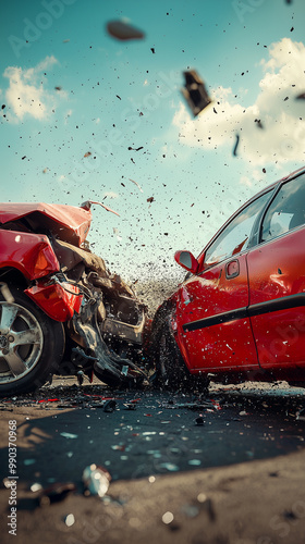Two cars in a severe collision with debris flying.