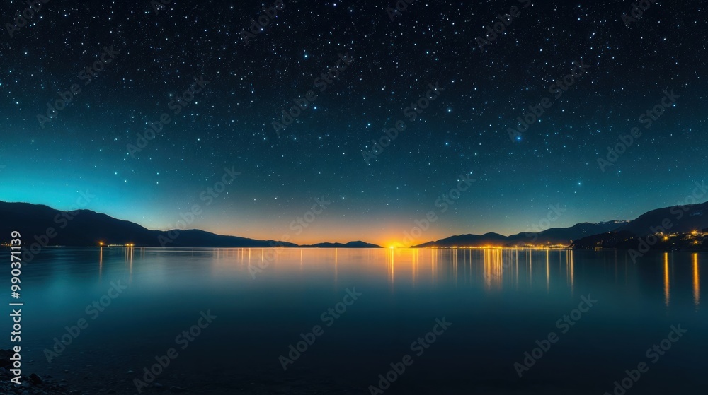Night sky full of stars reflecting in tranquil lake at sunrise Night sky full of stars reflecting in tranquil lake at sunrise