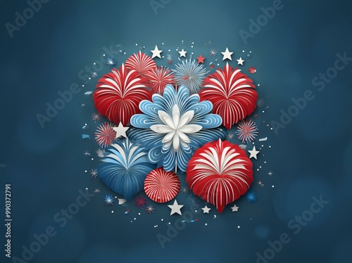 Paper fireworks in red, white, and blue against a dark blue background. photo