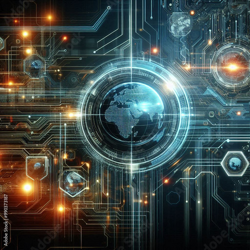 Abstract high speed internet technology background illustration with blue technology network. eye scan for computer viruses.