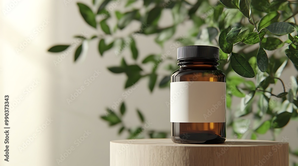 Glass Bottle with White Label on Wooden Platform Glass Bottle with White Label on Wooden Platform