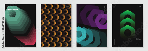 Modern gradient poster background vector set. Minimalist style cover template with vibrant perspective 3d geometric prism shapes collection. Ideal design for social media, cover, banner, flyer.