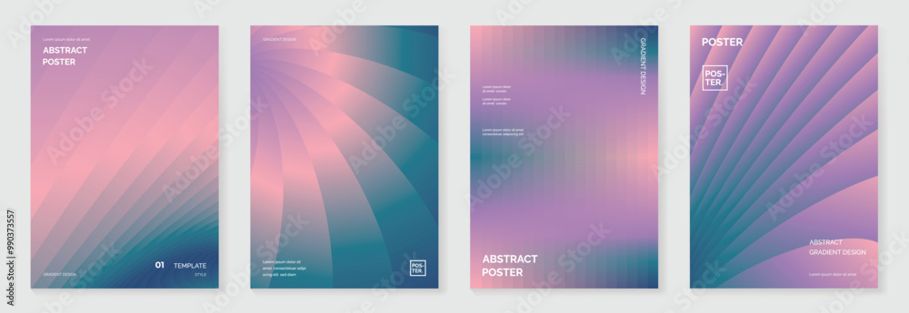 Fototapeta premium Modern gradient poster background vector set. Minimalist style cover template with vibrant perspective 3d geometric prism shapes collection. Ideal design for social media, cover, banner, flyer.