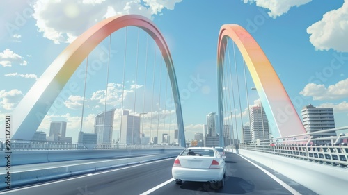 White car driving on the bridge, a rainbow-colored sky, a cartoon-style illustration. abstract city skyline, Amusement pink candy land park in the sunset time