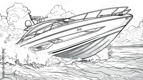 Expensive Speedboat Riding Waves of the Sea Coloring Book Page for Adults Stylish Speedboat Illustration Fun Ocean Scene Dynamic Waves Drawing Luxury Boat Art Page